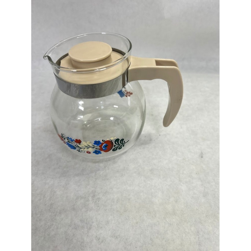 Vintage Randwyck Glass Teapot Floral Folk Art Coffee Carafe Tan Handle Lid
